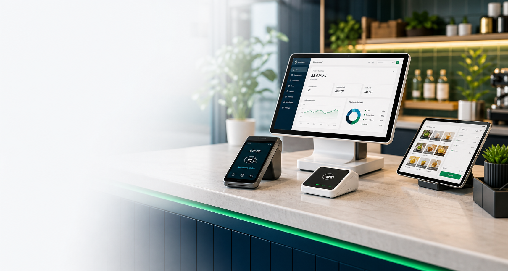 Modern payment terminal, POS screen and checkout counter for restaurants and retail